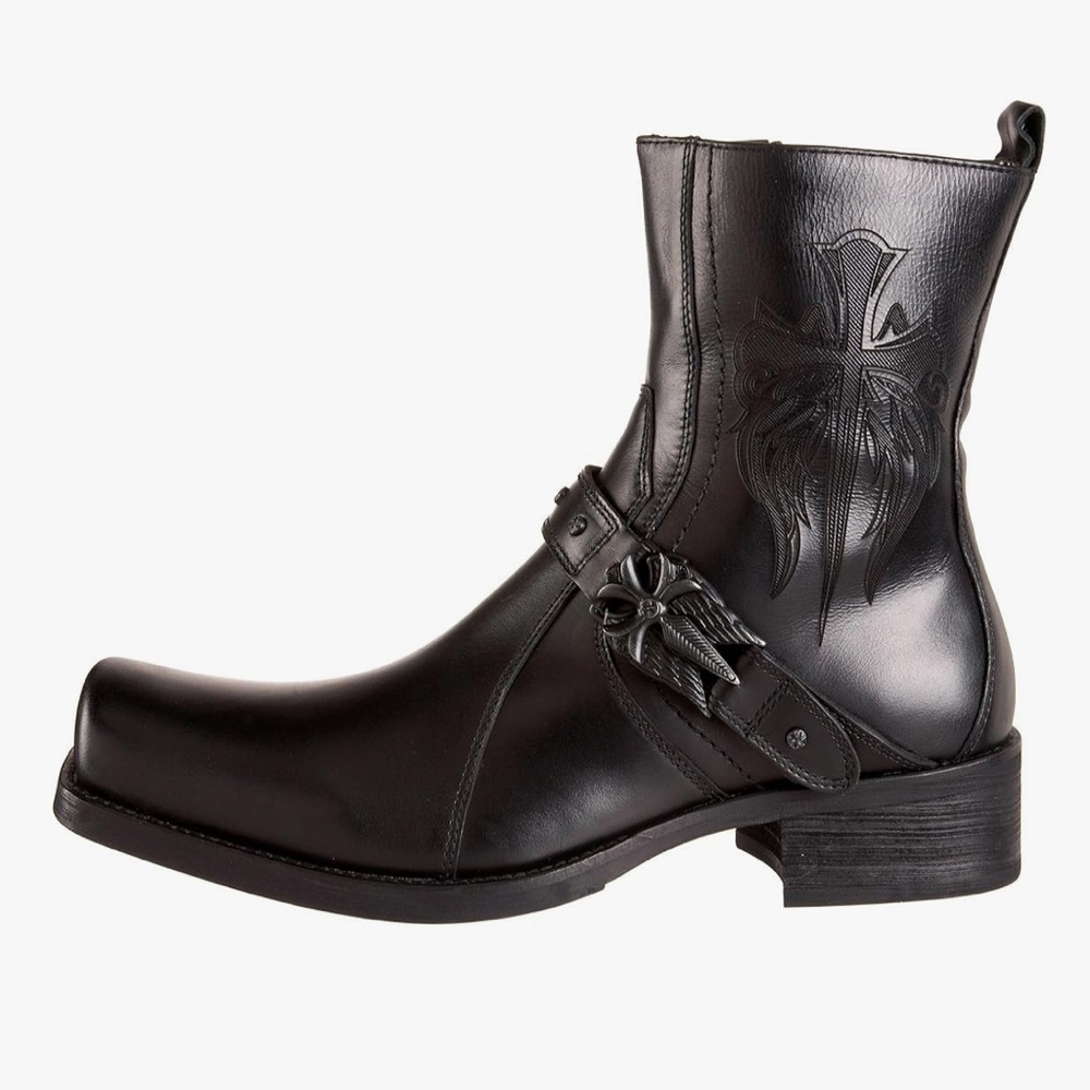 MARK NASON Black Leather Biker Ankle Boots Embossed Cross Studded Skulls 8 NEW! - Picture 2 of 16